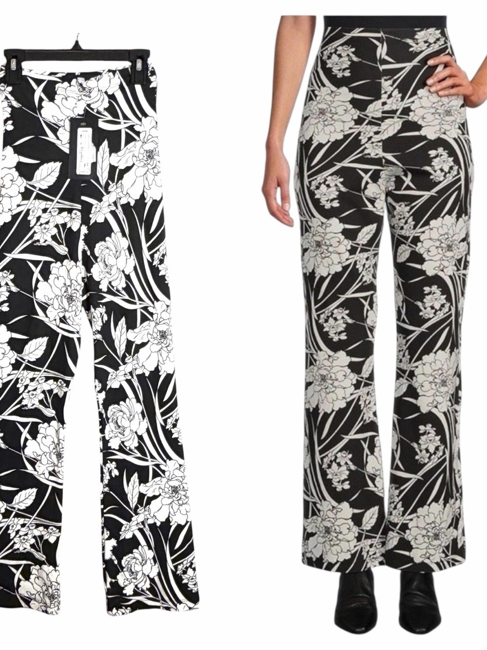 NEW Bryn Walker Pants Womens XXS Black Floral Flare Leg Stretch Pull On USA Made